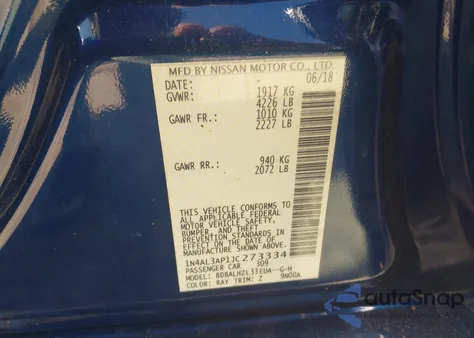 2018 Nissan Altima 2.5 Sr из США, поврежденный, VIN 1N4AL3AP1JC273334